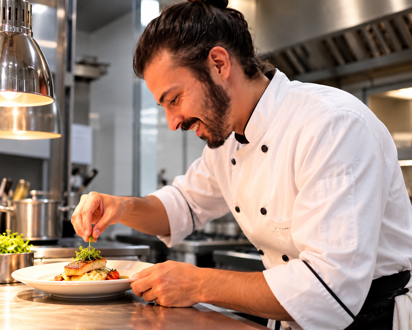 Chef finalizando um prato na cozinha